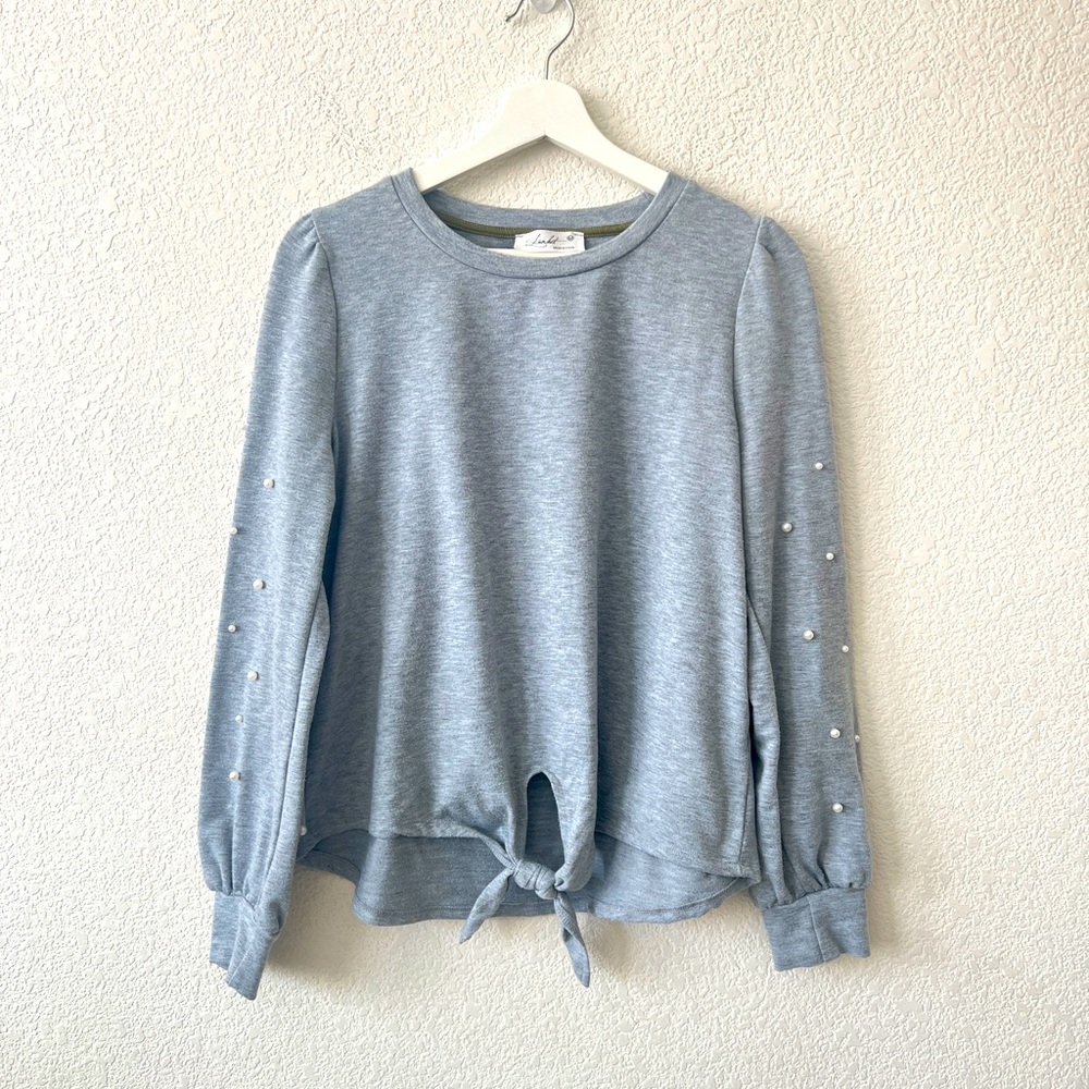 Skonhet Gray Faux Pearl Medium Long Sleeve Tie Blouse Shirt